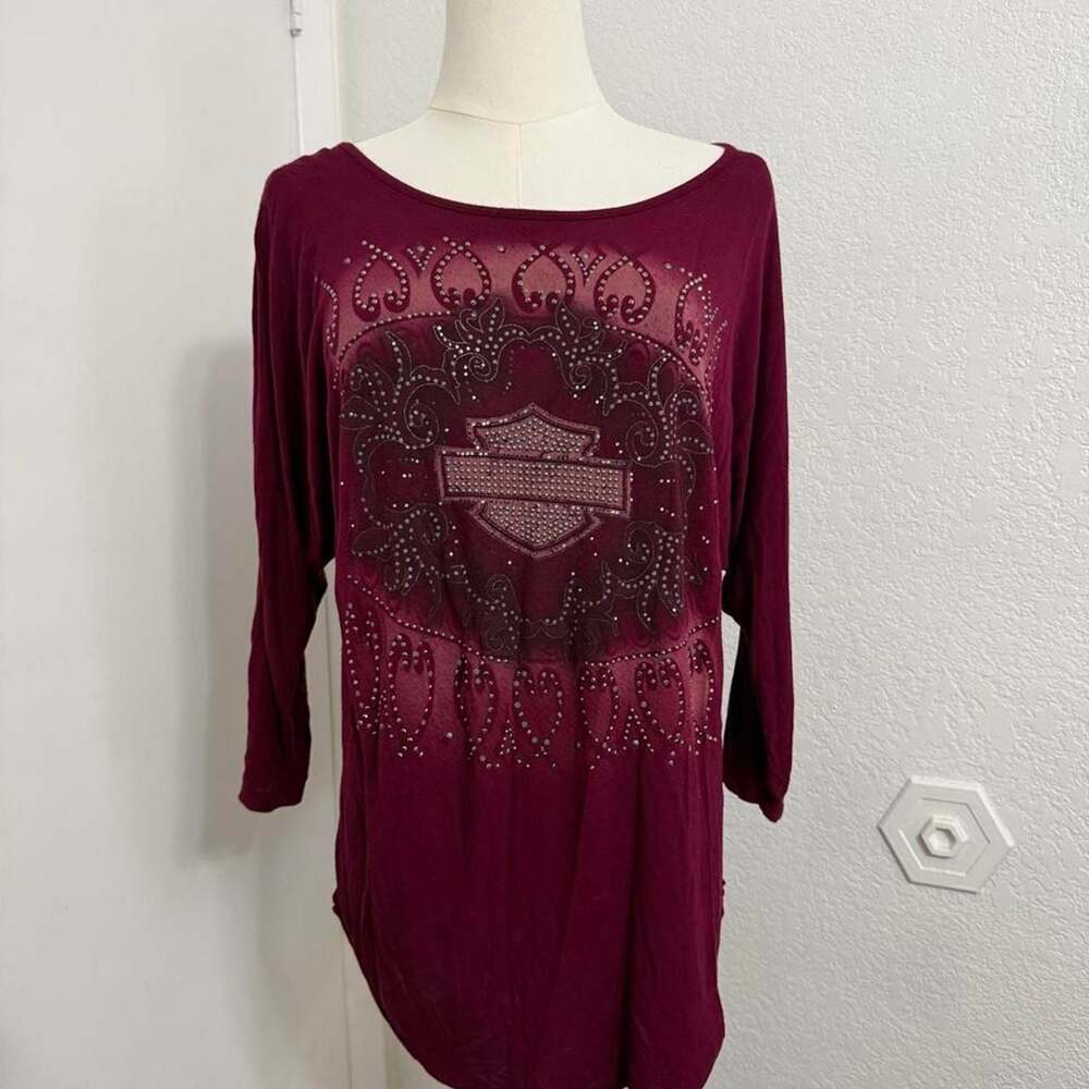 Harley-Davidson Rhinestone Embellished Burgundy 3/4 Sleeve Top Small HDW0916-T14 - Picture 2 of 8